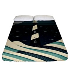 Lighthouse Abstract Ocean Sea Waves Water Blue Fitted Sheet (California King Size)