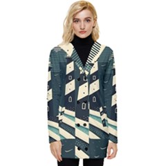 Lighthouse Abstract Ocean Sea Waves Water Blue Button Up Hooded Coat  by Wegoenart