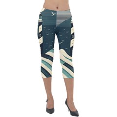 Lighthouse Abstract Ocean Sea Waves Water Blue Lightweight Velour Capri Leggings 