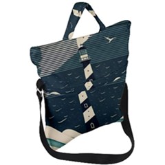 Lighthouse Abstract Ocean Sea Waves Water Blue Fold Over Handle Tote Bag by Wegoenart