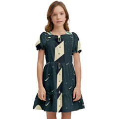 Lighthouse Abstract Ocean Sea Waves Water Blue Kids  Puff Sleeved Dress