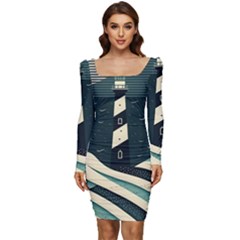 Lighthouse Abstract Ocean Sea Waves Water Blue Women Long Sleeve Ruched Stretch Jersey Dress