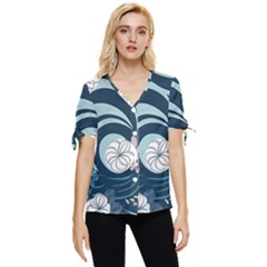 Flowers Pattern Floral Ocean Abstract Digital Art Bow Sleeve Button Up Top