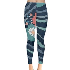 Waves Flowers Pattern Water Floral Minimalist Leggings  by Wegoenart