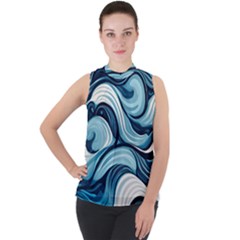 Pattern Ocean Waves Arctic Ocean Blue Nature Sea Mock Neck Chiffon Sleeveless Top