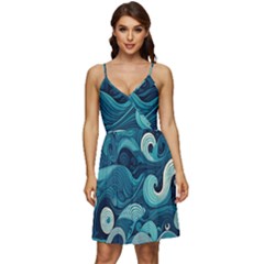 Waves Ocean Sea Abstract Whimsical Abstract Art V-neck Pocket Summer Dress  by Wegoenart