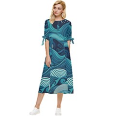 Waves Ocean Sea Abstract Whimsical Abstract Art Bow Sleeve Chiffon Midi Dress