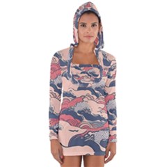 Waves Ocean Sea Water Pattern Rough Seas Long Sleeve Hooded T-shirt by Wegoenart