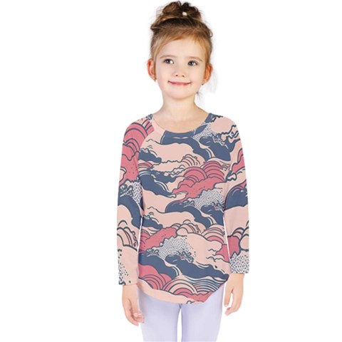 Waves Ocean Sea Water Pattern Rough Seas Kids  Long Sleeve Tee by Wegoenart