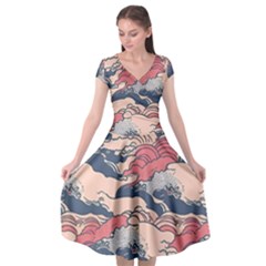 Waves Ocean Sea Water Pattern Rough Seas Cap Sleeve Wrap Front Dress