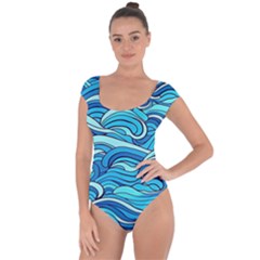 Pattern Ocean Waves Blue Nature Sea Abstract Short Sleeve Leotard 