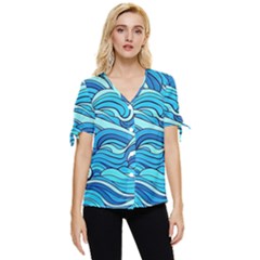 Pattern Ocean Waves Blue Nature Sea Abstract Bow Sleeve Button Up Top