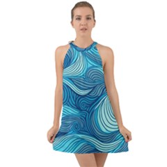 Ocean Waves Sea Abstract Pattern Water Blue Halter Tie Back Chiffon Dress