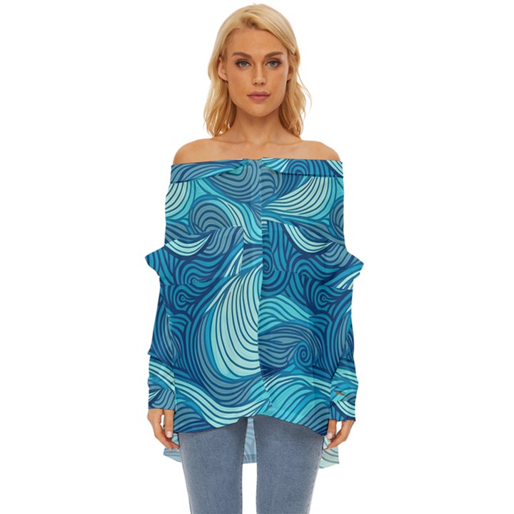 Ocean Waves Sea Abstract Pattern Water Blue Off Shoulder Chiffon Pocket Shirt