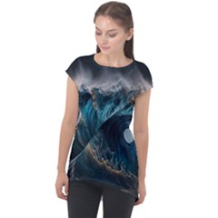 Tsunami Waves Ocean Sea Water Rough Seas Nature Cap Sleeve High Low Top by Wegoenart