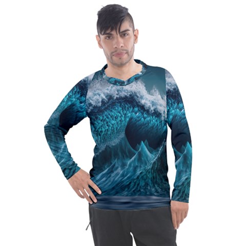 Tsunami Waves Ocean Sea Water Rough Seas Blue Men s Pique Long Sleeve Tee by Wegoenart