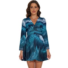 Tsunami Waves Ocean Sea Water Rough Seas Blue Long Sleeve V-neck Chiffon Dress  by Wegoenart