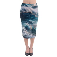 Tsunami Waves Ocean Sea Water Rough Seas Midi Pencil Skirt by Wegoenart