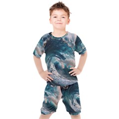 Tsunami Waves Ocean Sea Water Rough Seas Kids  Tee And Shorts Set by Wegoenart