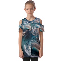 Tsunami Waves Ocean Sea Water Rough Seas Fold Over Open Sleeve Top by Wegoenart