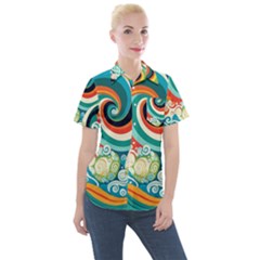 Waves Ocean Sea Abstract Whimsical Abstract Art 2 Women s Short Sleeve Pocket Shirt