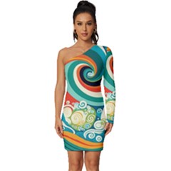 Waves Ocean Sea Abstract Whimsical Abstract Art 2 Long Sleeve One Shoulder Mini Dress by Wegoenart