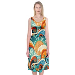 Waves Ocean Sea Abstract Whimsical Abstract Art 4 Midi Sleeveless Dress by Wegoenart