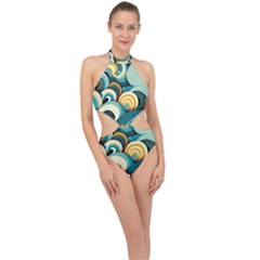 Waves Ocean Sea Abstract Whimsical Abstract Art 6 Halter Side Cut Swimsuit by Wegoenart