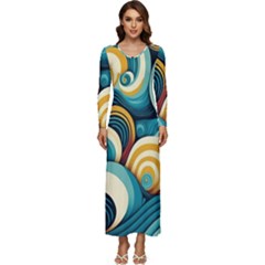 Waves Ocean Sea Abstract Whimsical Abstract Art 6 Long Sleeve Longline Maxi Dress