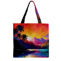 Ai Generated Tropical Island Sunset Landscape Zipper Grocery Tote Bag by Wegoenart