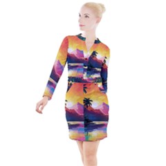 Ai Generated Tropical Island Sunset Landscape Button Long Sleeve Dress by Wegoenart