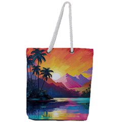 Ai Generated Tropical Island Sunset Landscape Full Print Rope Handle Tote (large) by Wegoenart