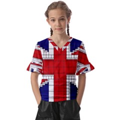 Union Jack Flag Uk Patriotic Kids  V-Neck Horn Sleeve Blouse