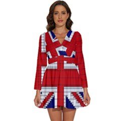 Union Jack Flag Uk Patriotic Long Sleeve V-Neck Chiffon Dress 