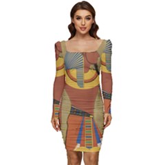 Egyptian Tutunkhamun Pharaoh Design Women Long Sleeve Ruched Stretch Jersey Dress by Celenk