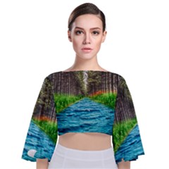 River Forest Landscape Nature Tie Back Butterfly Sleeve Chiffon Top