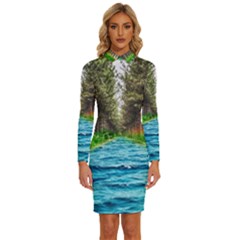 River Forest Landscape Nature Long Sleeve Shirt Collar Bodycon Dress