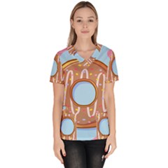 Dessert Food Donut Sweet Decor Chocolate Bread Women s V-neck Scrub Top by Uceng