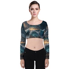Fantasy People Mysticism Composing Fairytale Art 2 Velvet Long Sleeve Crop Top by Uceng