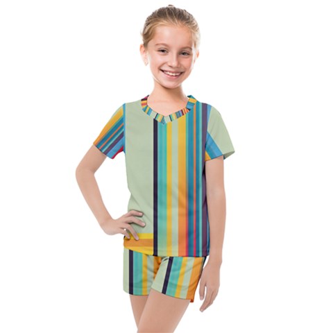 Colorful Rainbow Striped Pattern Stripes Background Kids  Mesh Tee And Shorts Set by Uceng