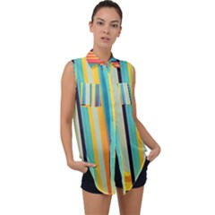 Colorful Rainbow Striped Pattern Stripes Background Sleeveless Chiffon Button Shirt