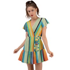 Colorful Rainbow Striped Pattern Stripes Background Flutter Sleeve Wrap Dress by Uceng