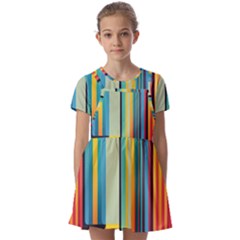 Colorful Rainbow Striped Pattern Stripes Background Kids  Short Sleeve Pinafore Style Dress