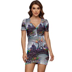 Abstract Art Psychedelic Art Experimental Low Cut Cap Sleeve Mini Dress