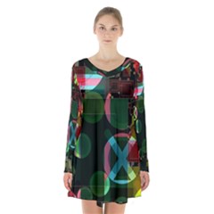 Abstract Color Texture Creative Long Sleeve Velvet V-neck Dress by Uceng