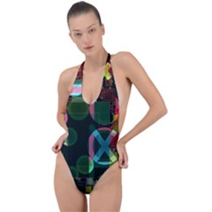 Abstract Color Texture Creative Backless Halter One Piece Swimsuit