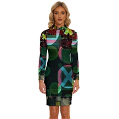 Abstract Color Texture Creative Long Sleeve Shirt Collar Bodycon Dress