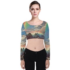 Abstract Art Psychedelic Arts Experimental Velvet Long Sleeve Crop Top by Uceng