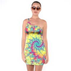 Fractal Spiral Abstract Background Vortex Yellow One Shoulder Ring Trim Bodycon Dress by Uceng