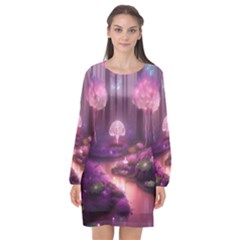 Trees Forest Landscape Nature Neon Long Sleeve Chiffon Shift Dress  by Uceng